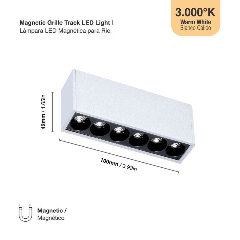 White Magnetic Grille Track Light, 6W, Warm White 3000K, 34°, 510lm