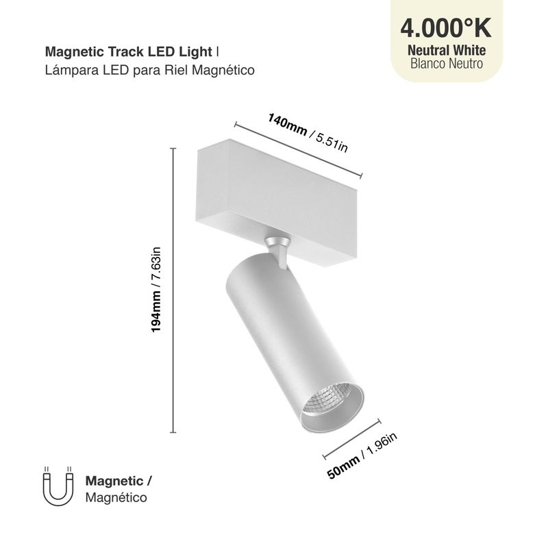White Magnetic Track Light, Multidirectional, 5W, Neutral White, 36°