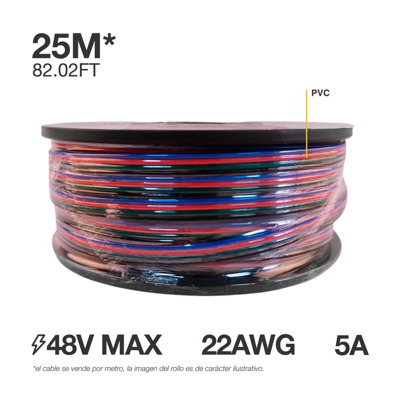 22AWG Cable for RGB LED lights RGB, 48V Máx. x 82 FT/ 25 M