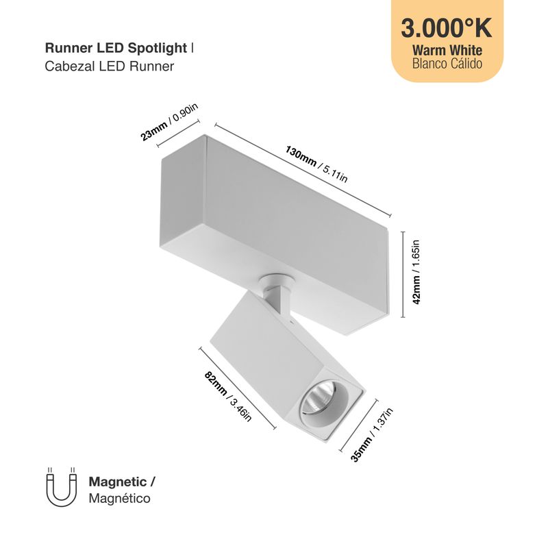 White Magnetic Square Track Light, Multidirectional, 8W, Warm White 3000K