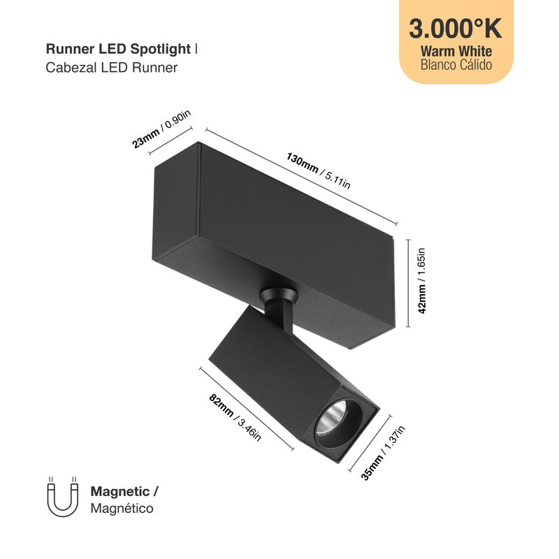 Black Magnetic Square Track Light, Multidirectional, 8W, Warm White 3000K