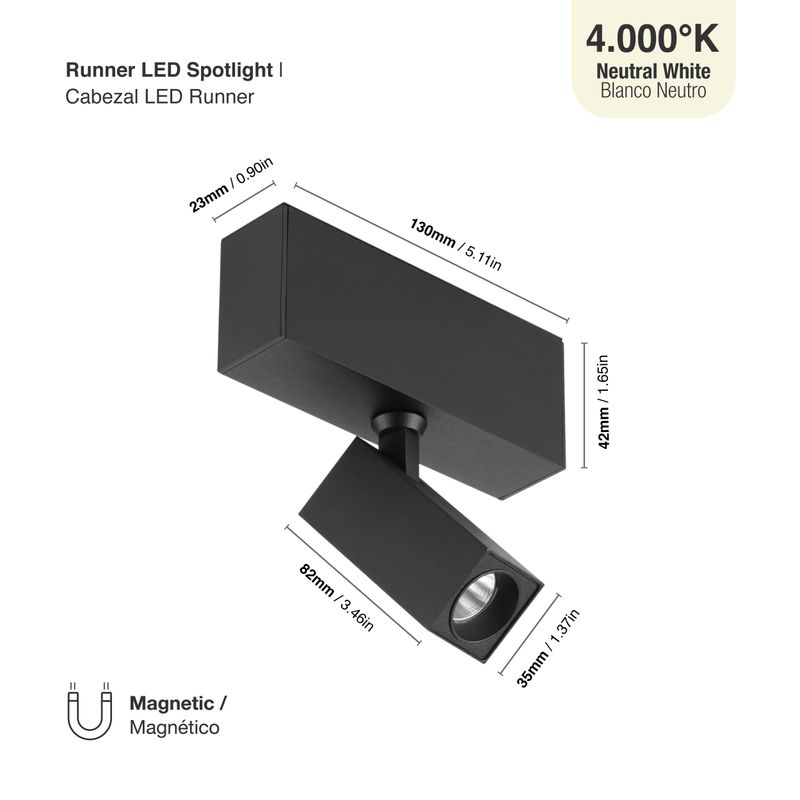 Black Magnetic Square Track Light, Multidirectional, 8W, Neutral White 4000K