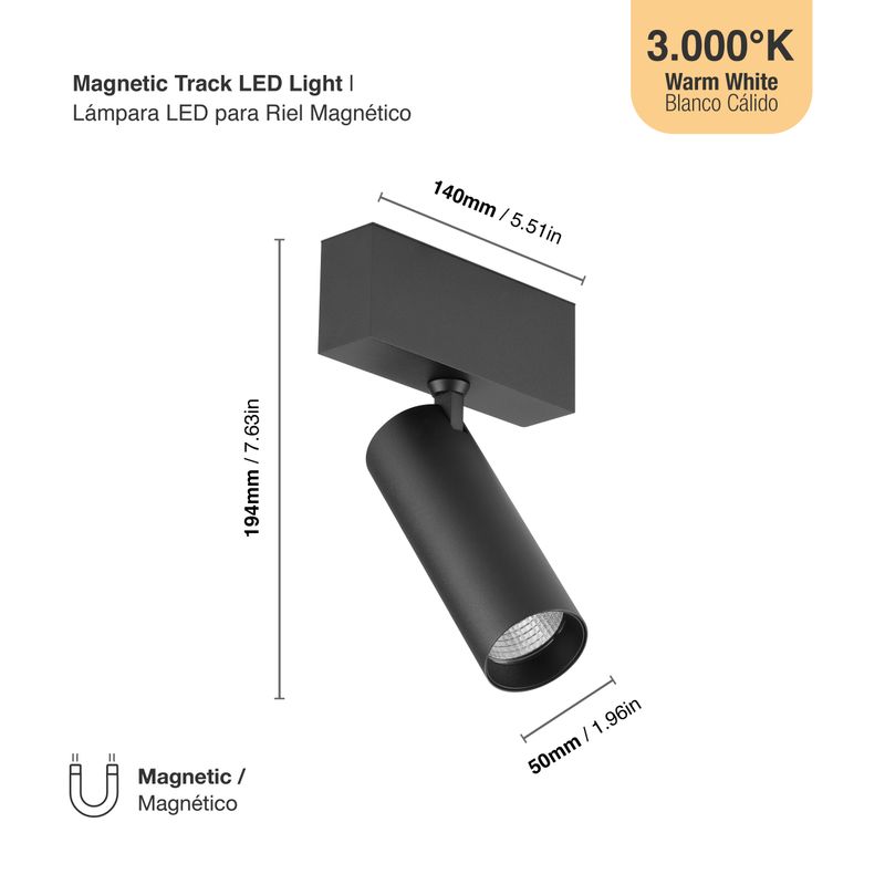 Black Magnetic Track Light, Multidirectional, 5W, Warm White 3000K, 36°