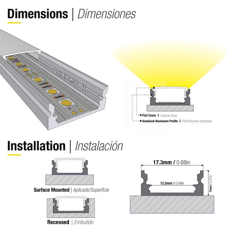 Surface-Mount Flat anodized LED Aluminum Channel, 9.84ft 0.66x0.26in