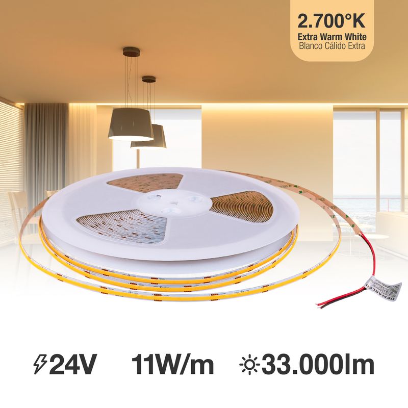 8mm COB LED Strip Warm White 2700ºK 24V 11W/m 950lm/m 480LED/m 98.4ft