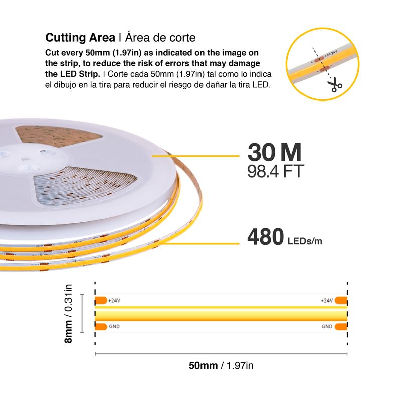 8mm COB LED Strip Warm White 3000°K 24V 11W/m  1000lm/m 480LED/m 98.4ft