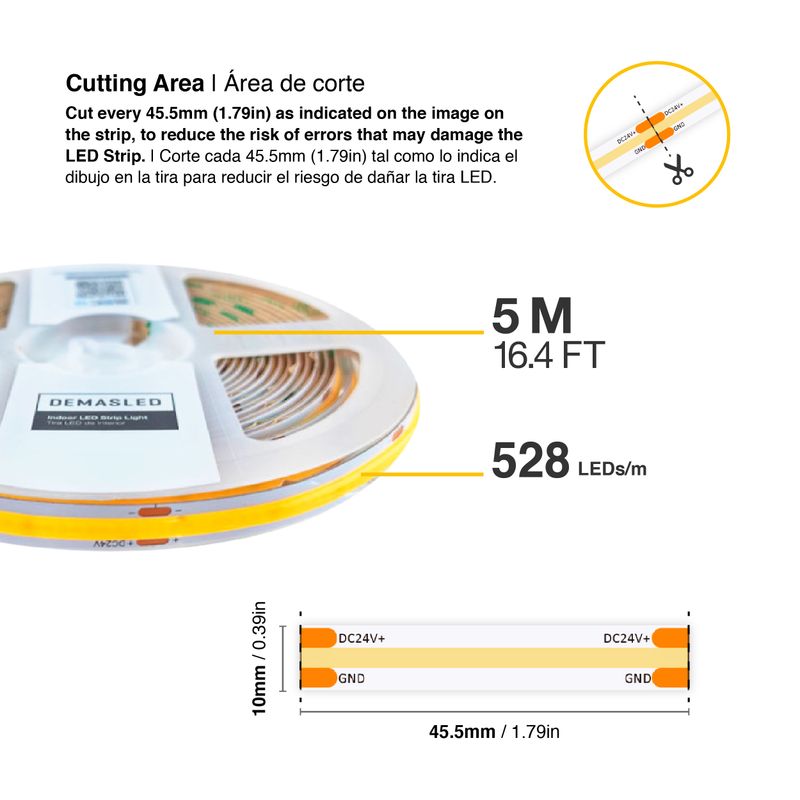 10mm COB LED Strip Warm White 2700ºK 24V 15W/m 1500lm/m 528LED/m 16.4ft