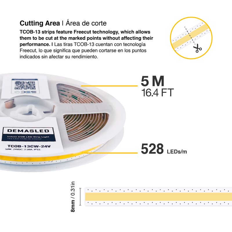 8mm COB LED Strip Freecut Cold White 5000-5500K 24V 10W/m 950lm/m 528LED/m 16.4ft
