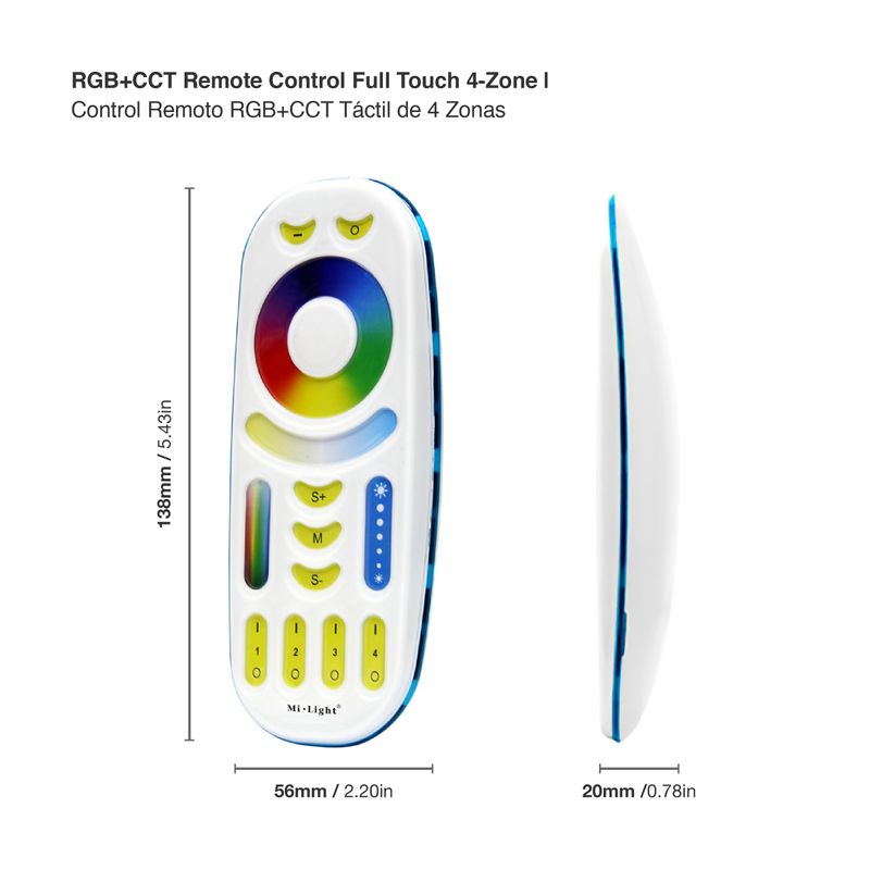 4-Zone RGB+CCT LED Remote Control 3V 2.4GHz RF Button Panel, 100ft Range