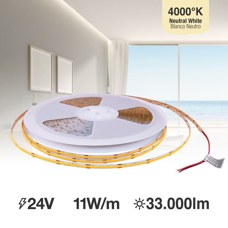 8mm COB LED Strip Neutral White 4000ºK 24V 11W/m 1100lm/m 480LED/m 98.4ft