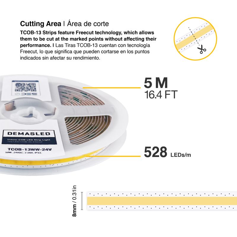 8mm COB LED Strip Freecut Warm White 3000K 24V 10W/m 850lm/m 528LED/m 16.4ft