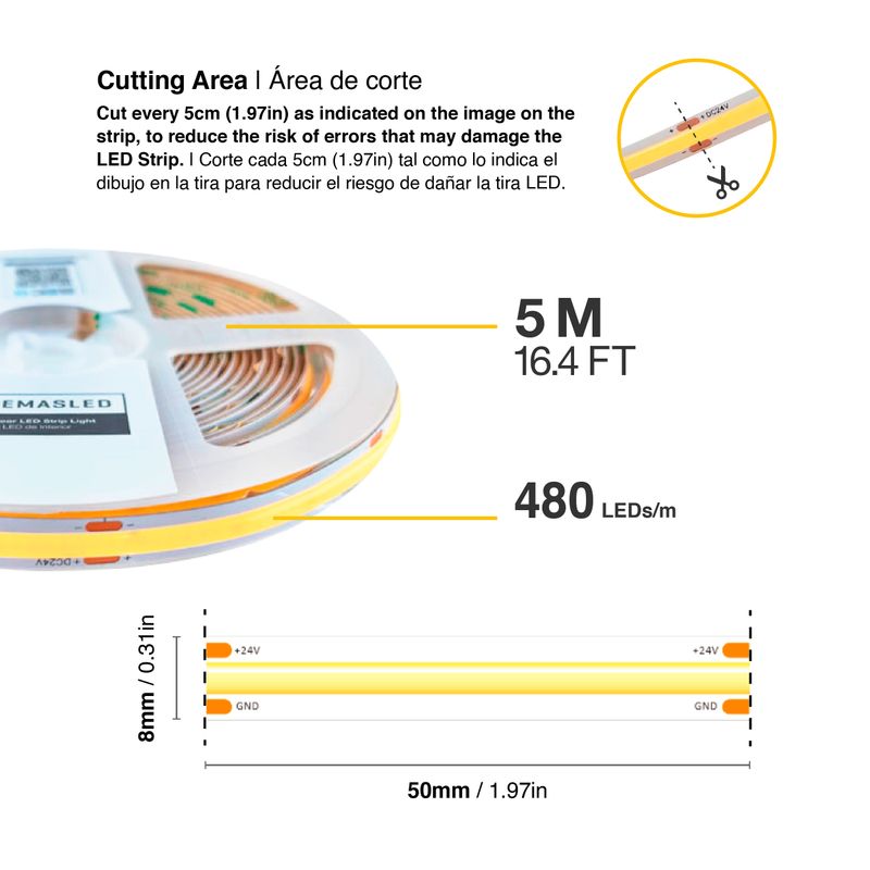 8mm COB LED Strip Neutral White 3500ºK 24V 11W/m 1500lm/m 480LED/m 16.4ft 