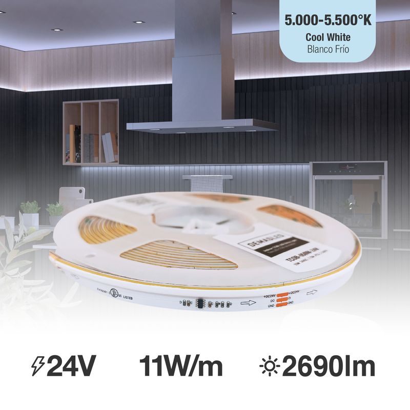 10mm COB LED Strip Programable &amp; Addressable IC Pixel 24V 11W/m Cool White 5000-5500K 420LEDs/m PCB 