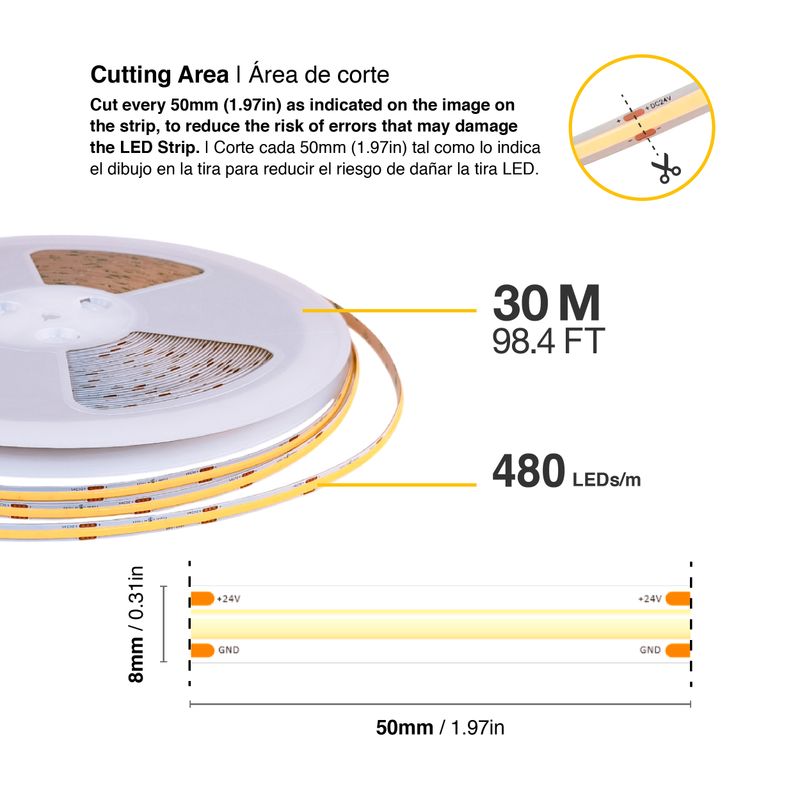 8mm COB LED Strip Cool White 5000-5500ºK 24V 11W/m 1100lm/m 480LED/m 98.4ft