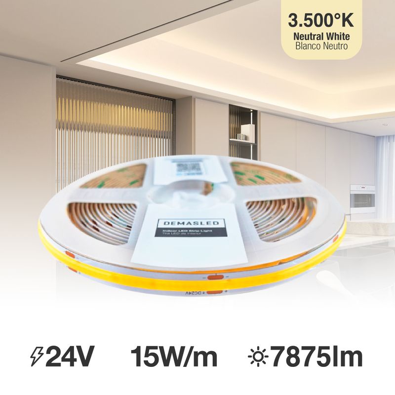 10mm COB LED Strip Neutral White 3500ºK 24V 15W/m 1575lm/m 528LED/m 16.4ft