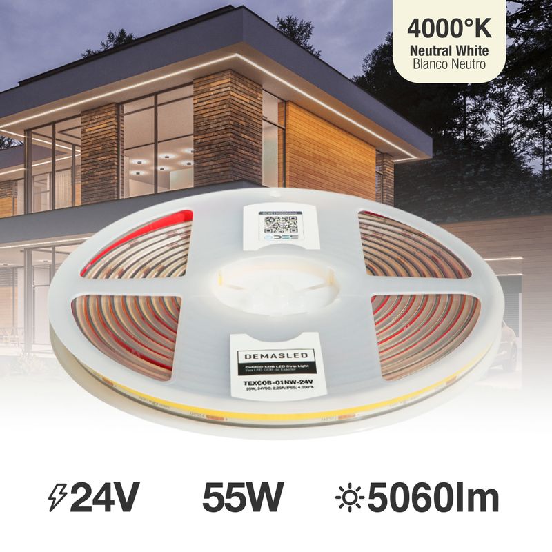 8mm COB LED Strip Neutral White 4000ºK 24V 11W/m 1012lm/m 480LED/m IP65 16.4ft