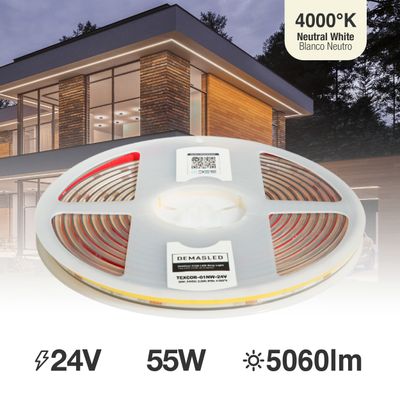 8mm COB LED Strip Neutral White 4000ºK 24V 11W/m 1012lm/m 480LED/m IP65 16.4ft