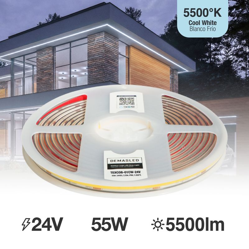8mm COB LED Strip Cool White 5500°K 24V 11W/m 1100lm/m 480LED/m IP65 16.4ft