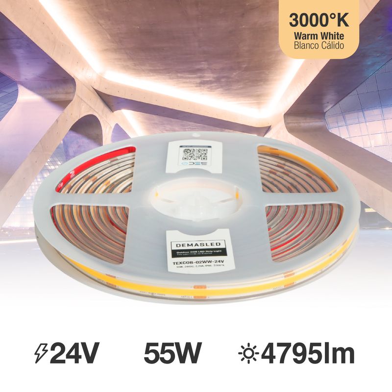 11mm COB LED Strip 24V 11W/m Warm White 959lm/m 480 chip/m IP68, 16.4ft