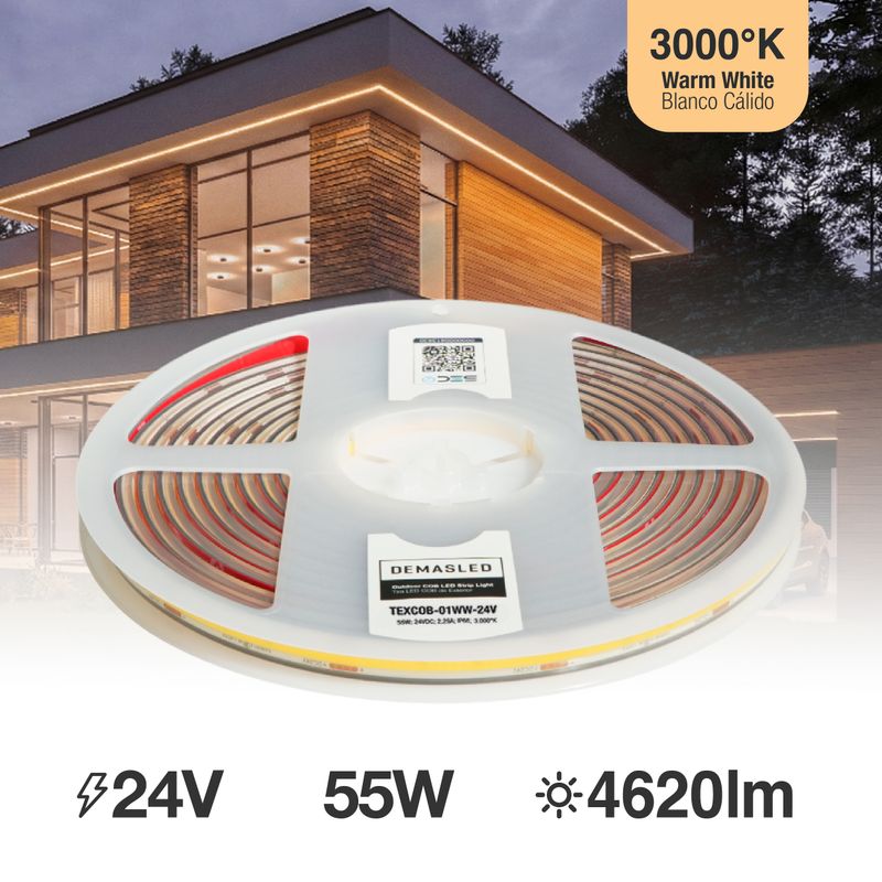 8mm COB LED Strip Warm White 3000°K 24V 11W/m 924lm/m 480LED/m IP65 16.4ft 
