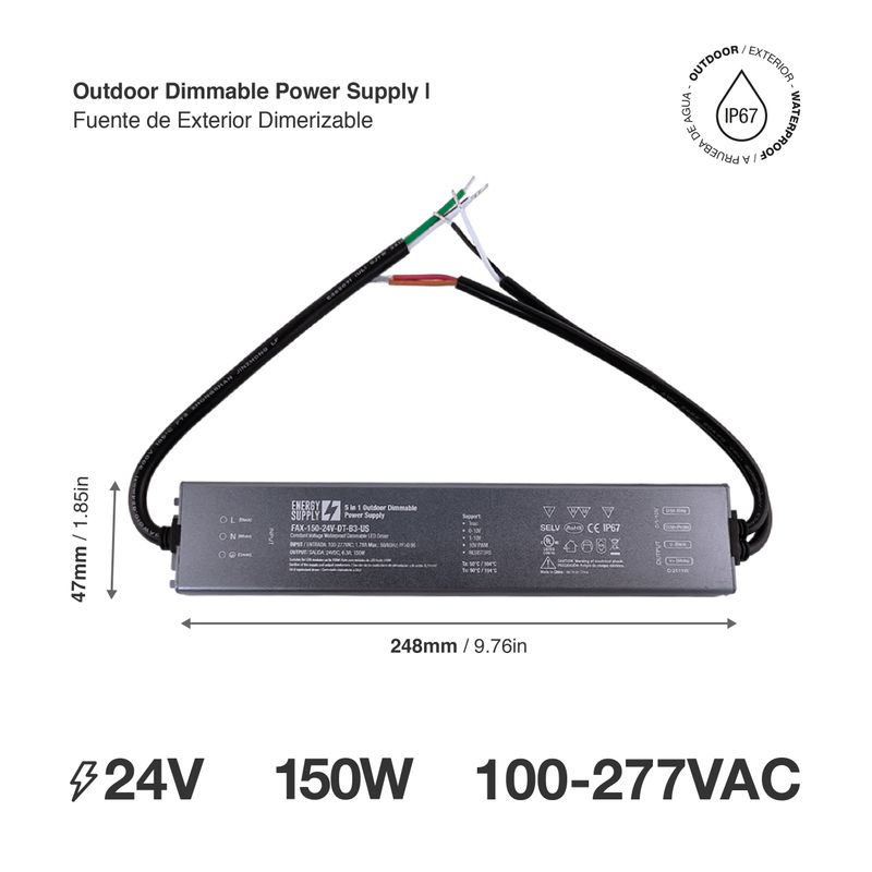 Outdoor TRIAC &amp; 0-10v.Dimmable DC 24V 6.25A 150W, IP67
