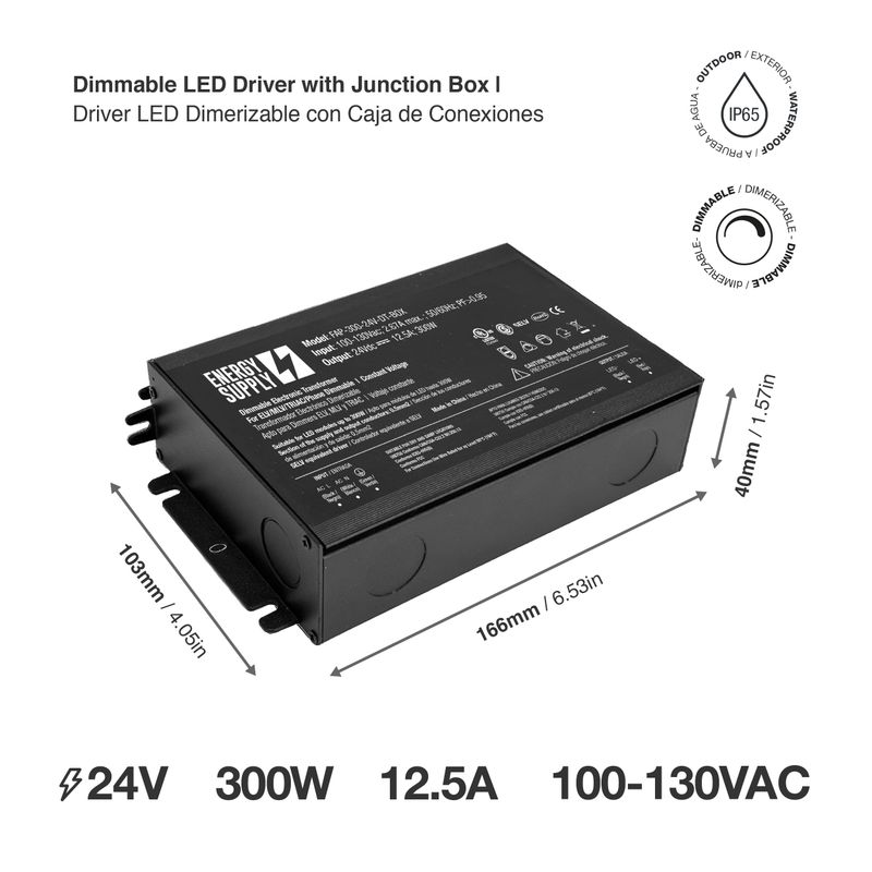 24V 300W 12.5A LED Power Supply with Junction Box, TRIAC/MLV/ELV Dimmable, IP54, UL