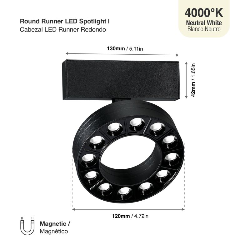 Black Magnetic Round Track LED Light, 12W, Neutral White 4000K
