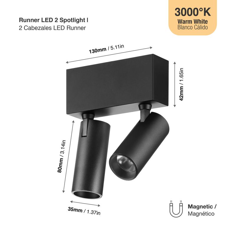 Black Magnetic Track LED Light, 2 Spots Multidirectional, 2 x 5W, Warm White 3000K