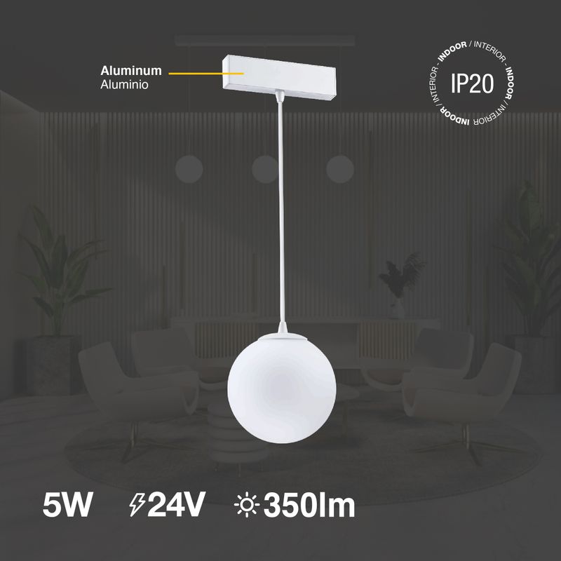 White Magnetic Track LED Light, Opal Globe Hanging, 5W, Neutral White 4000K