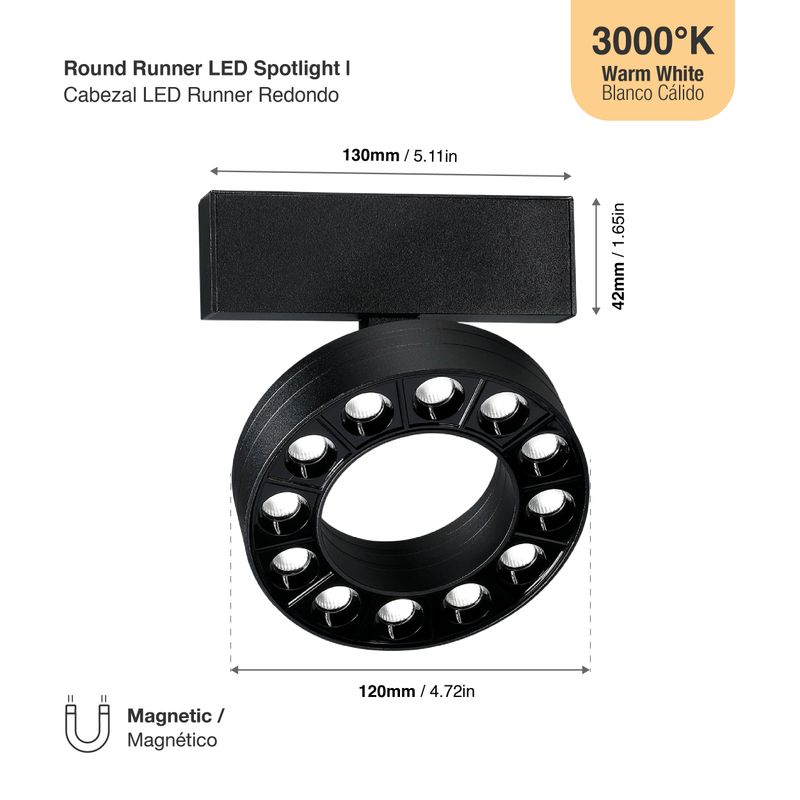 Black Magnetic Round Track LED Light, 12W, Warm White 3000K