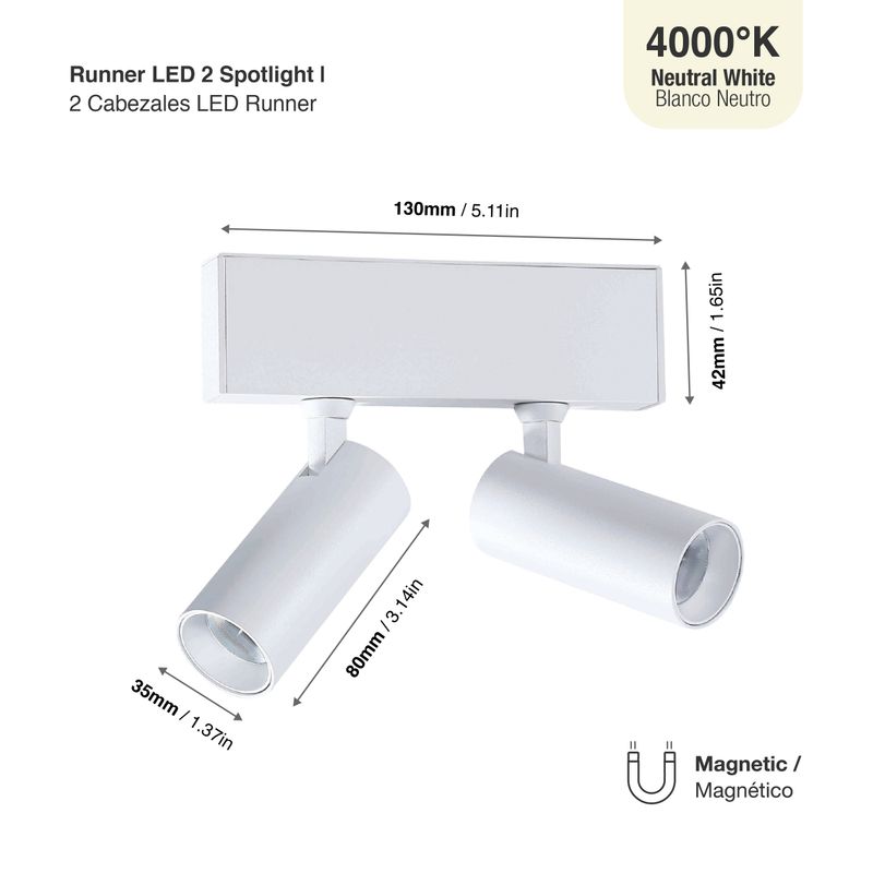 White Magnetic Track LED Light, 2 Spots Multidirectional, 2 x 5W, Neutral White 4000K
