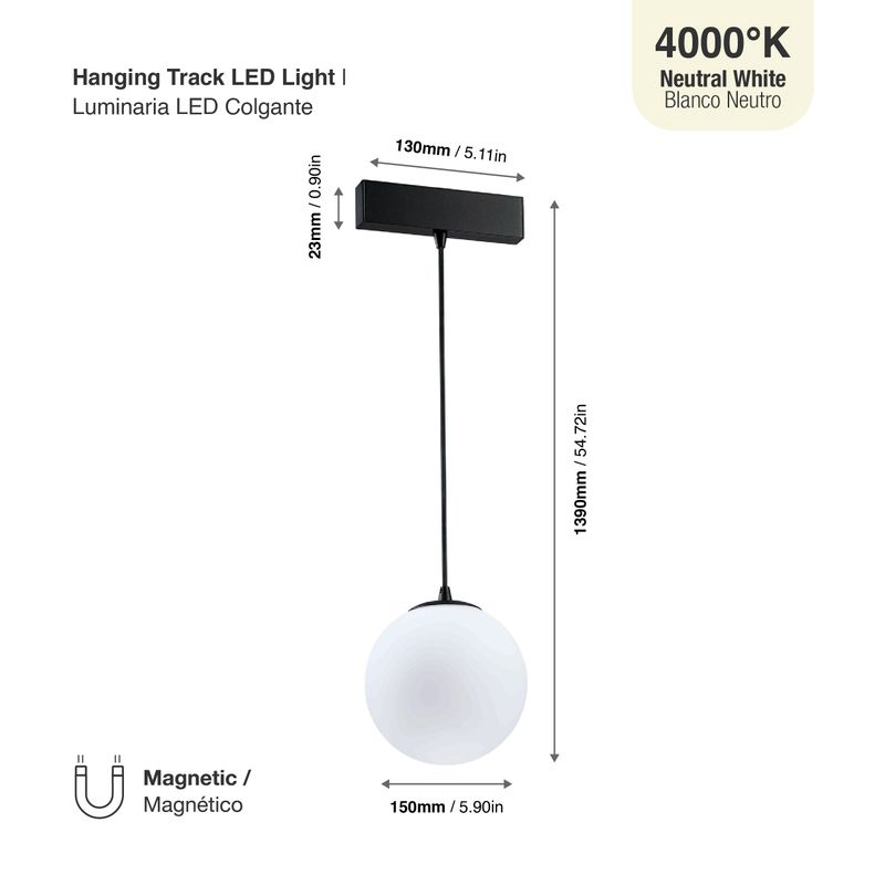 Black Magnetic Track LED Light, Opal Globe Hanging, 5W, Neutral White 4000K