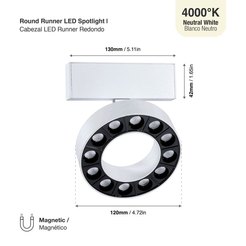 White Magnetic Round Track LED Light, 12W, Neutral White 4000K