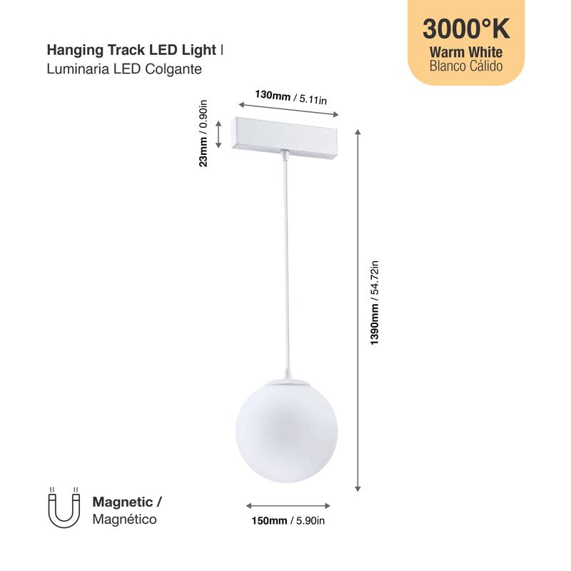 White Magnetic Track LED Light, Opal Globe Hanging, 5W, Warm White 3000K