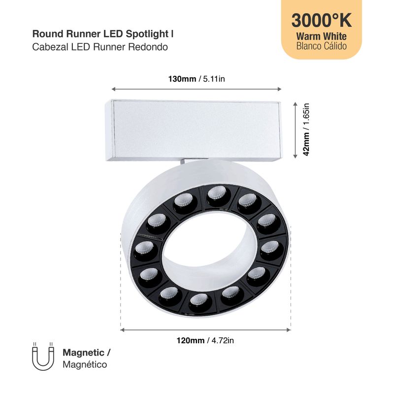 White Magnetic Round Track LED Light, 12W, Warm White 3000K