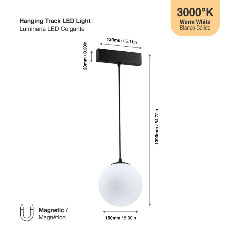 Black Magnetic Track LED Light, Opal Globe Hanging, 5W, Warm White 3000K