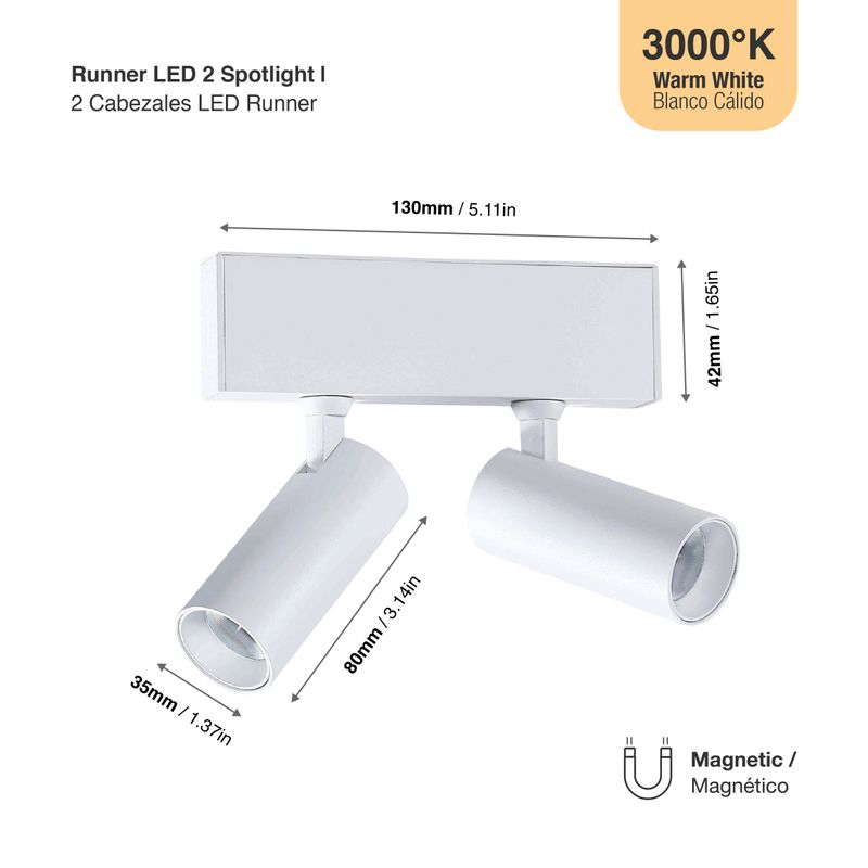 White Magnetic Track LED Light, 2 Spots Multidirectional, 2 x 5W, Warm White 3000K