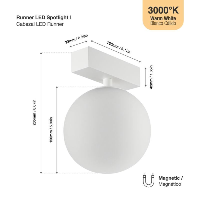 White Magnetic Track LED Light, Opal Globe, 5W, Warm White 3000K