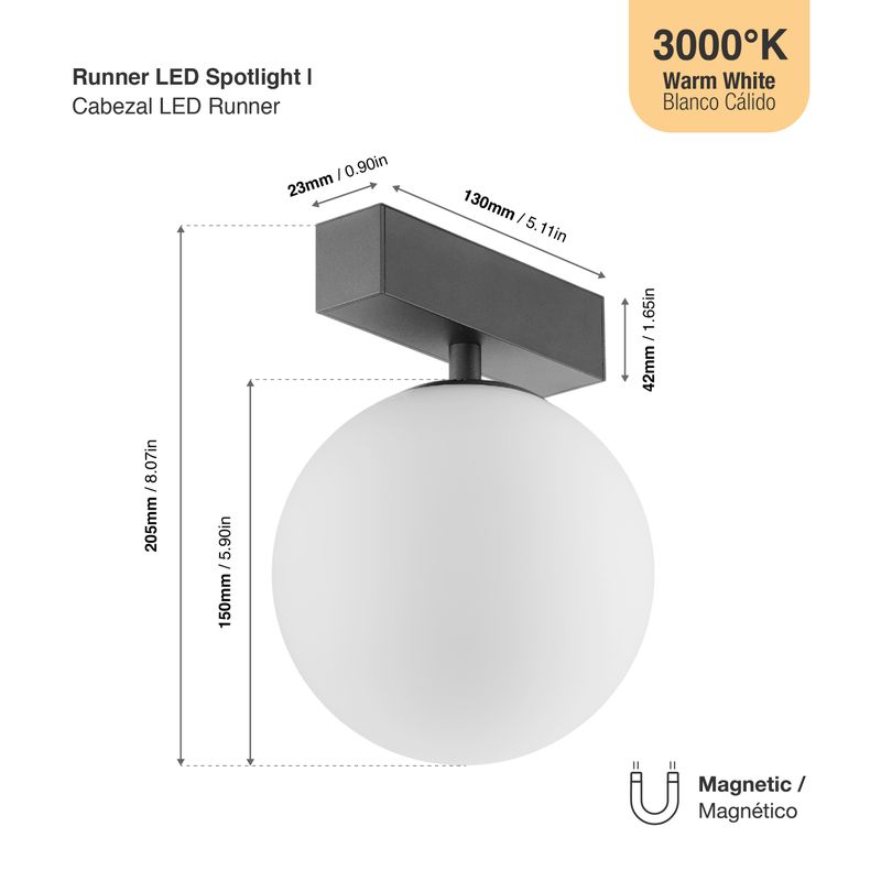 Black Magnetic Track LED Light, Opal Globe, 5W, Warm White 3000K