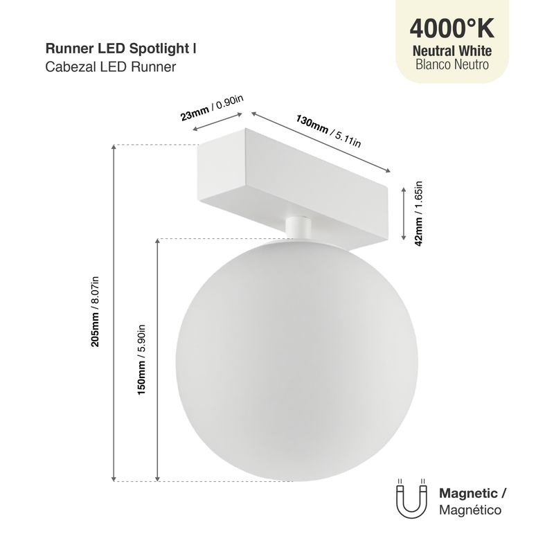 White Magnetic Track LED Light, Opal Globe, 5W, Neutral White 4000K