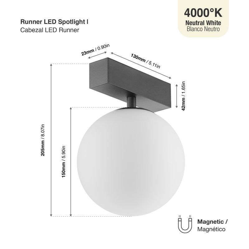 Black Magnetic Track LED Light, Opal Globe, 5W, Neutral White 4000K