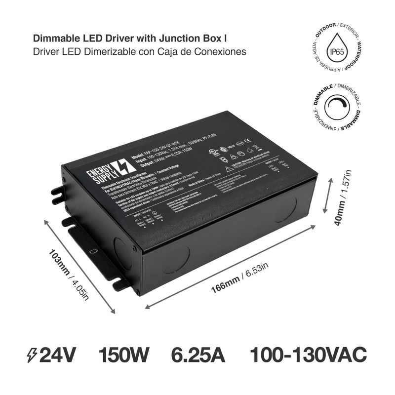 24V 150W 6.25A LED Power Supply with Junction Box, TRIAC/MLV/ELV Dimmable, IP54, UL