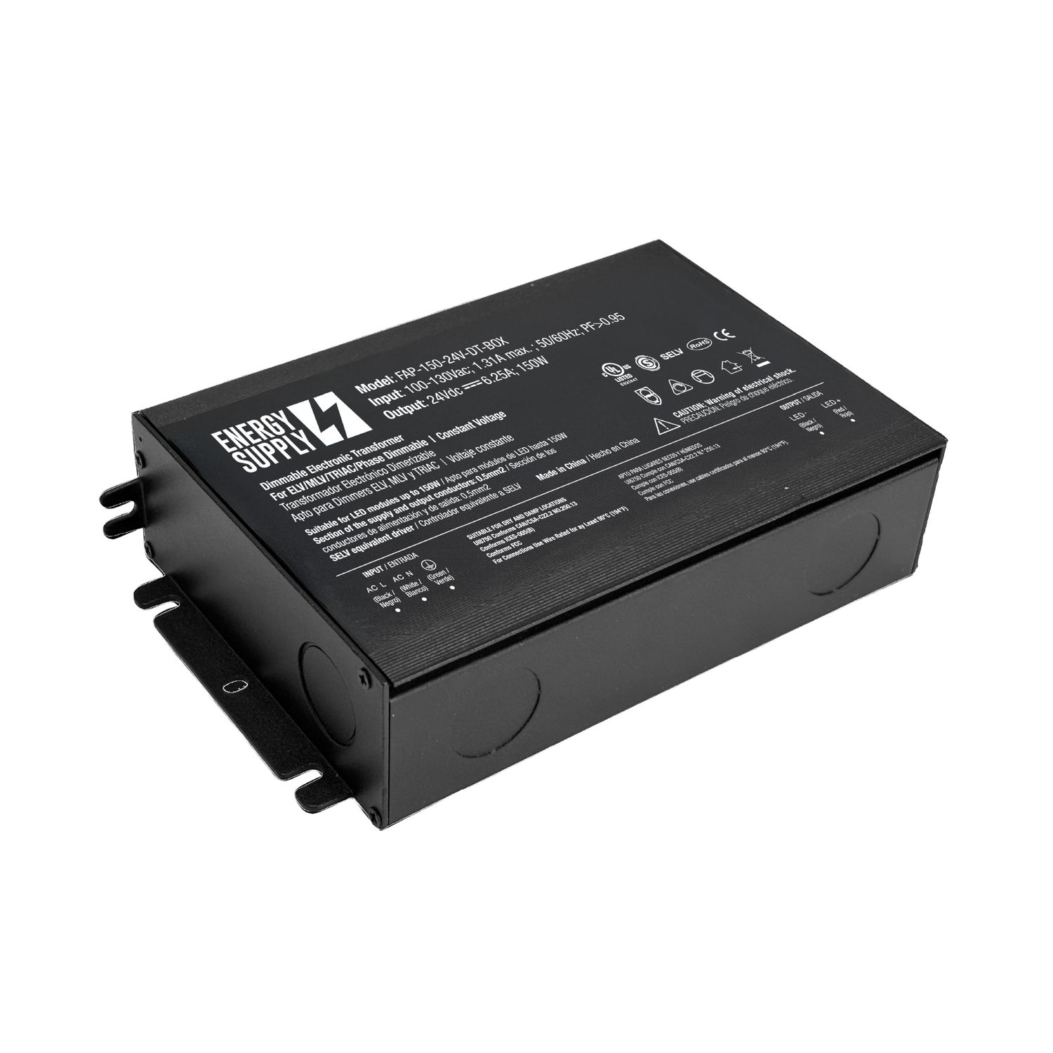 24V 150W 6.25A LED Power Supply with Junction Box, TRIAC/MLV/ELV Dimmable, IP54, UL