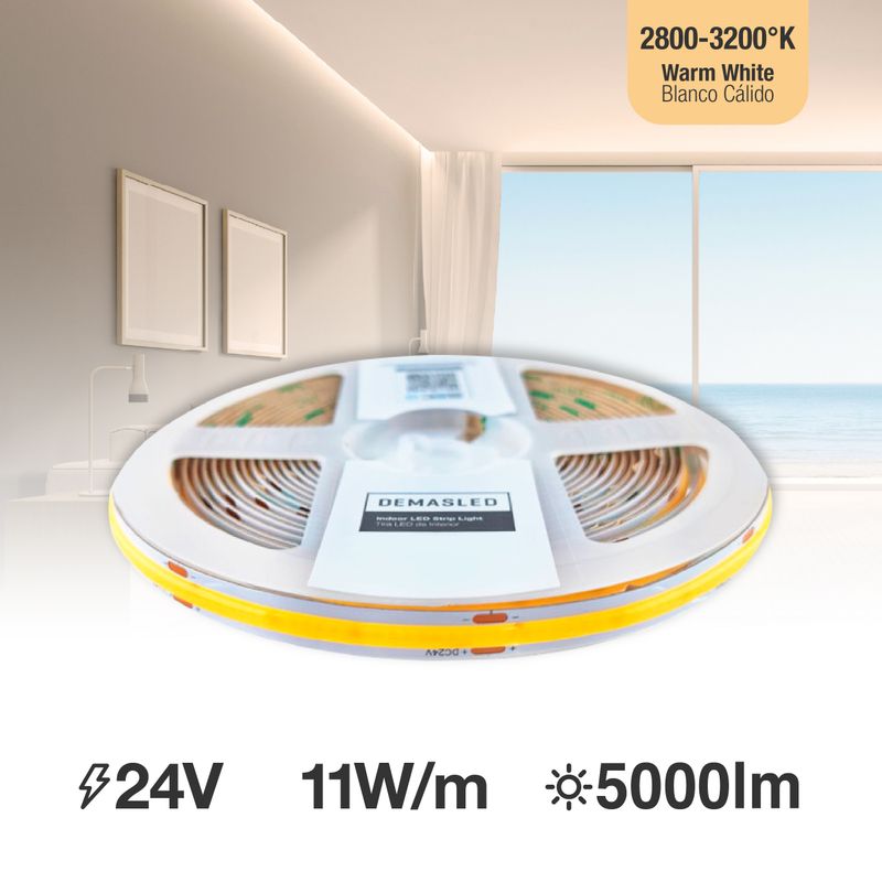 8mm COB LED Strip Warm White 3000°K 24V 11W/m  1000lm/m 480LED/m 16.4ft