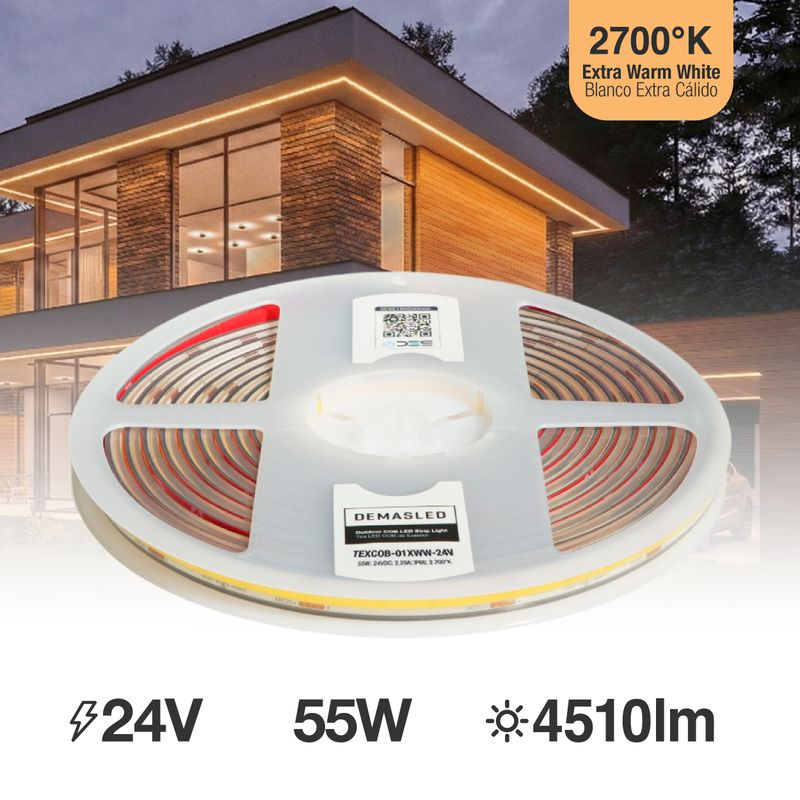 8mm COB LED Strip Extra Warm White 2700°K 24V 11W/m 902lm/m 480LED/m IP65 16.4ft