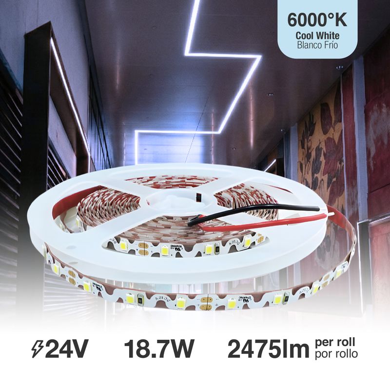 6mm SMD2835 S-Shape LED Strip Cool White 6000-7000°K 24V 6.9W/m 495lm/m 60LED/m 16.4ft