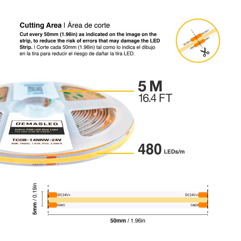 5mm COB LED Strip Warm White 3500K 24V 8W/m 880lm/m 480LED/m 16.4ft