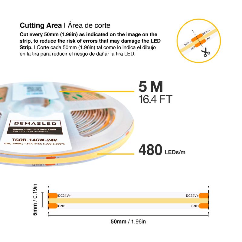 5mm COB LED Strip Cold White 5000-5500K 24V 8W/m 936lm/m 480LED/m 16.4ft