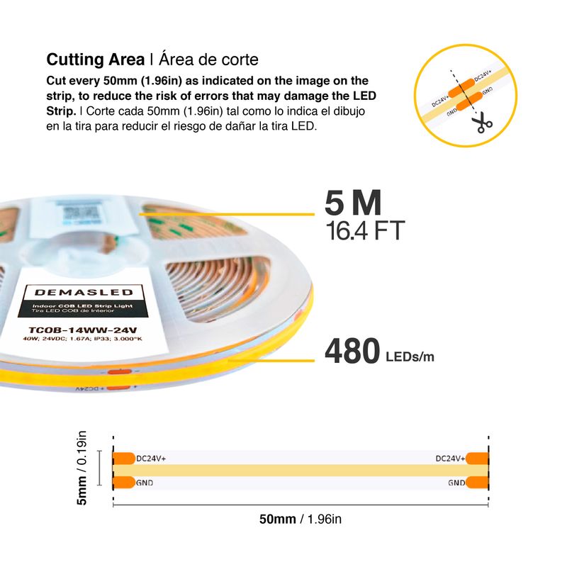 5mm COB LED Strip Warm White 3000K 24V 8W/m 800lm/m 480LED/m 16.4ft