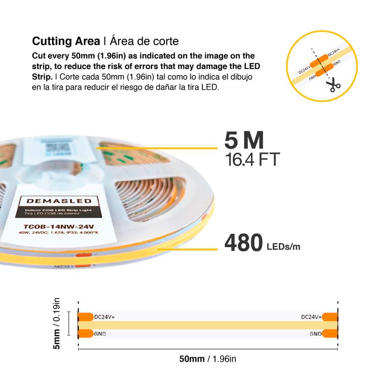5mm COB LED Strip Neutral White 4000K 24V 8W/m 904lm/m 480LED/m 16.4ft
